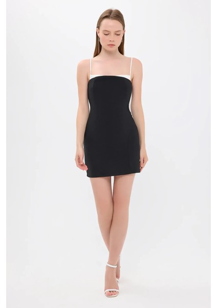 Kadın Detaylı İnce Askılı Mini Elbise Siyah