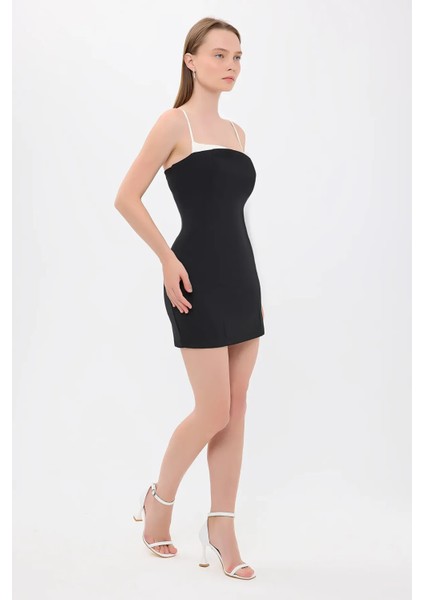 Kadın Detaylı İnce Askılı Mini Elbise Siyah