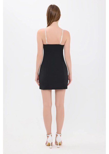Kadın Detaylı İnce Askılı Mini Elbise Siyah