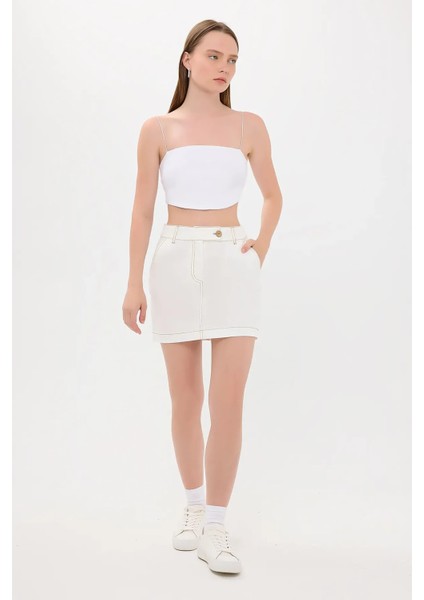 Kadın Yüksek Bel Dikiş Detaylı Mini Etek Beyaz
