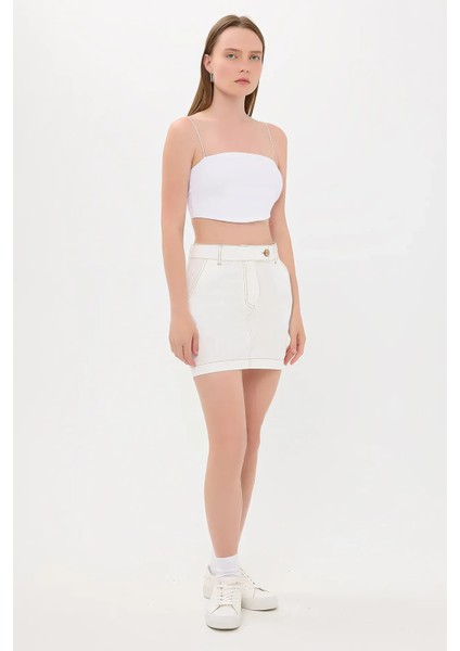 Kadın Yüksek Bel Dikiş Detaylı Mini Etek Beyaz