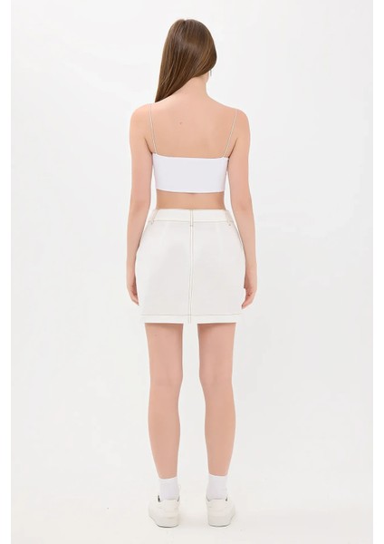 Kadın Yüksek Bel Dikiş Detaylı Mini Etek Beyaz