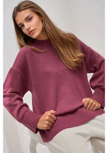 Kadın Bisiklet Yaka Relax Fit Yumuşak Triko Kazak Tozlu Gül Pembesi