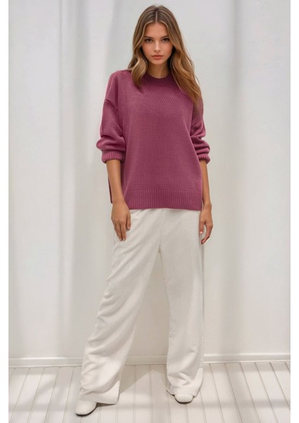 Kadın Bisiklet Yaka Relax Fit Yumuşak Triko Kazak Tozlu Gül Pembesi