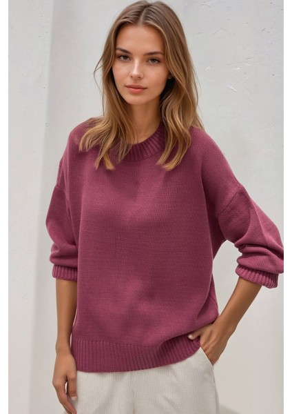 Kadın Bisiklet Yaka Relax Fit Yumuşak Triko Kazak Tozlu Gül Pembesi