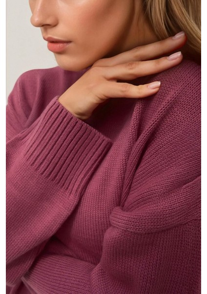 Kadın Bisiklet Yaka Relax Fit Yumuşak Triko Kazak Tozlu Gül Pembesi