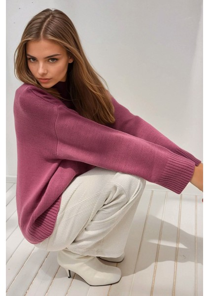 Kadın Bisiklet Yaka Relax Fit Yumuşak Triko Kazak Tozlu Gül Pembesi