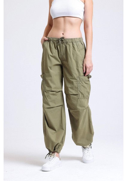Kadın Açık Mavi Kot Orta Bel Lastikli Paraşüt Pantolon Haki Yeşil