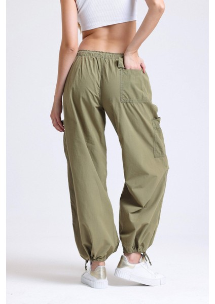 Kadın Açık Mavi Kot Orta Bel Lastikli Paraşüt Pantolon Haki Yeşil