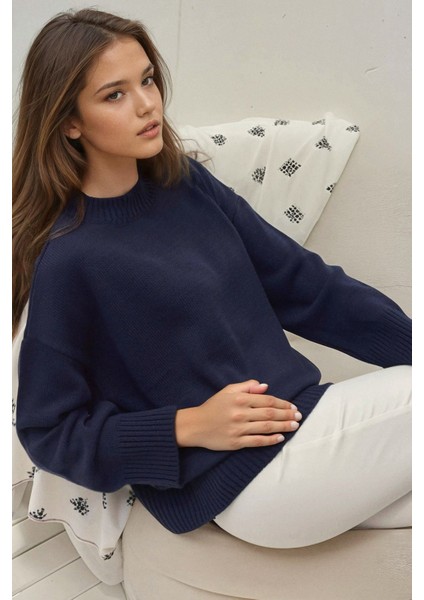 Kadın Bisiklet Yaka Relax Fit Yumuşak Triko Kazak Gece Mavisi