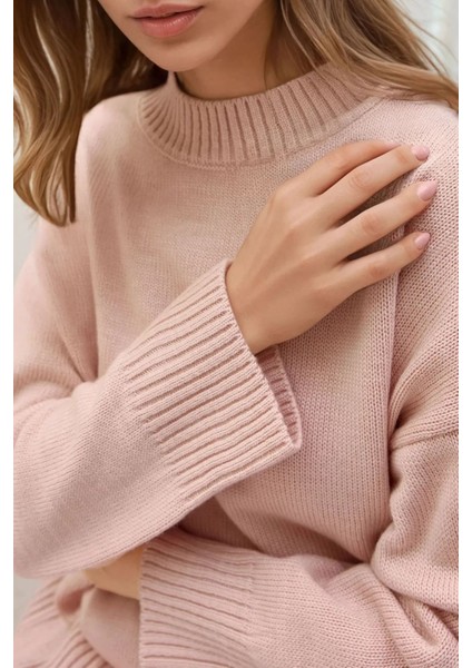 Kadın Bisiklet Yaka Relax Fit Yumuşak Triko Kazak Parlak Pembe