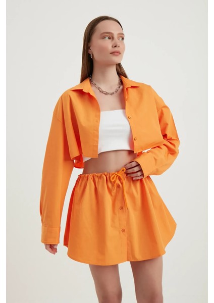 Kadın Geniş Kollu Oversize Kırpılmış Gömlek Parlak Turuncu