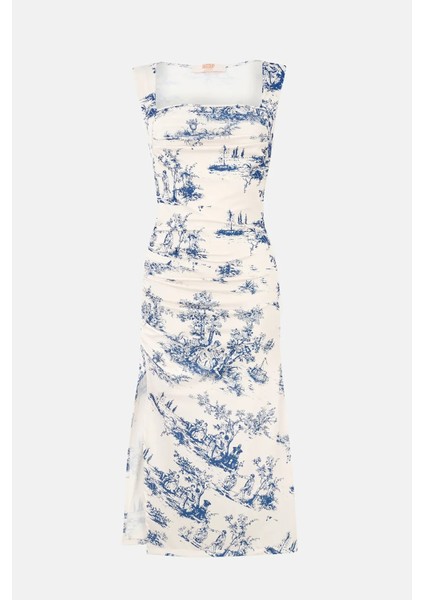 Kadın Kolsuz Baskılı Midi Elbise Maya Mavisi