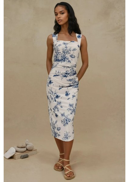 Kadın Kolsuz Baskılı Midi Elbise Maya Mavisi