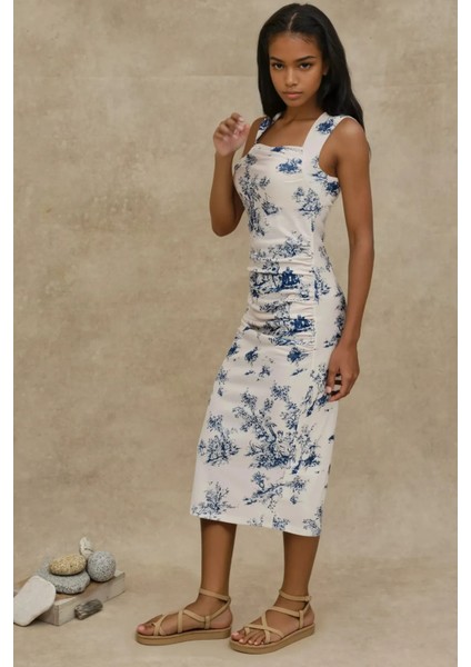 Kadın Kolsuz Baskılı Midi Elbise Maya Mavisi