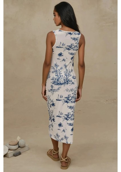 Kadın Kolsuz Baskılı Midi Elbise Maya Mavisi