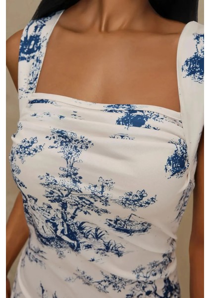 Kadın Kolsuz Baskılı Midi Elbise Maya Mavisi