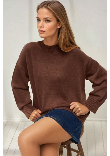 Kadın Bisiklet Yaka Relax Fit Yumuşak Triko Kazak Kahve Kahvesi