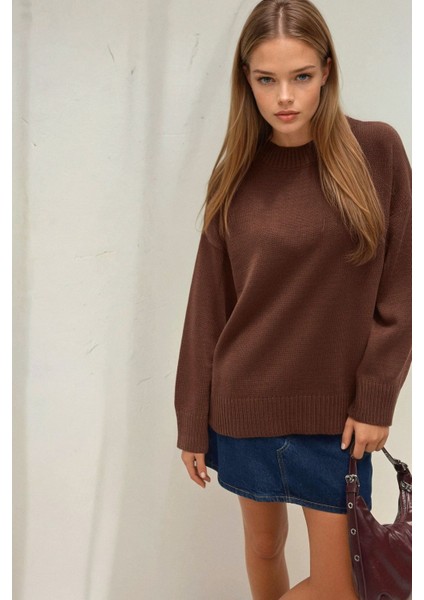 Kadın Bisiklet Yaka Relax Fit Yumuşak Triko Kazak Kahve Kahvesi