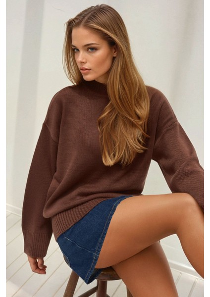 Kadın Bisiklet Yaka Relax Fit Yumuşak Triko Kazak Kahve Kahvesi