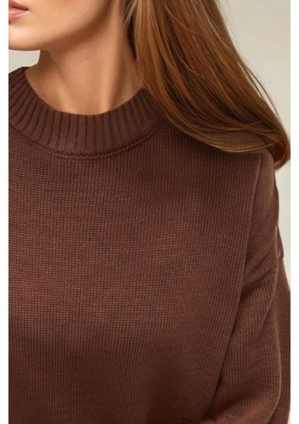 Kadın Bisiklet Yaka Relax Fit Yumuşak Triko Kazak Kahve Kahvesi