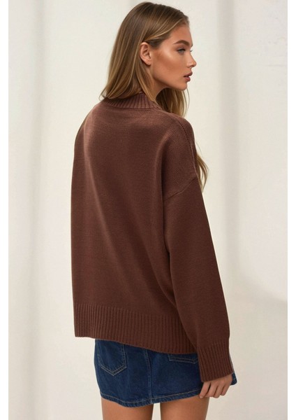 Kadın Bisiklet Yaka Relax Fit Yumuşak Triko Kazak Kahve Kahvesi