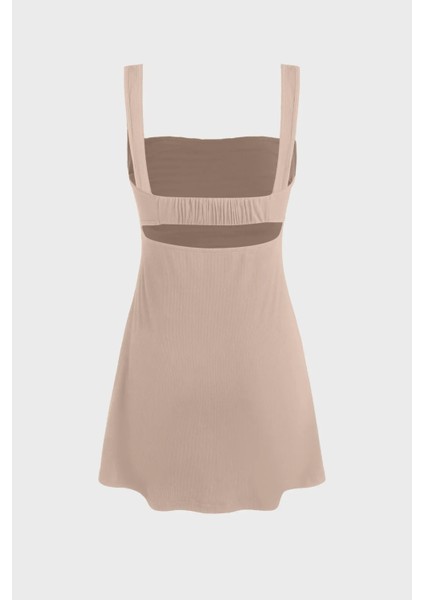 Kadın Kırışıklıklı Kare Yaka Mini Elbise Natural