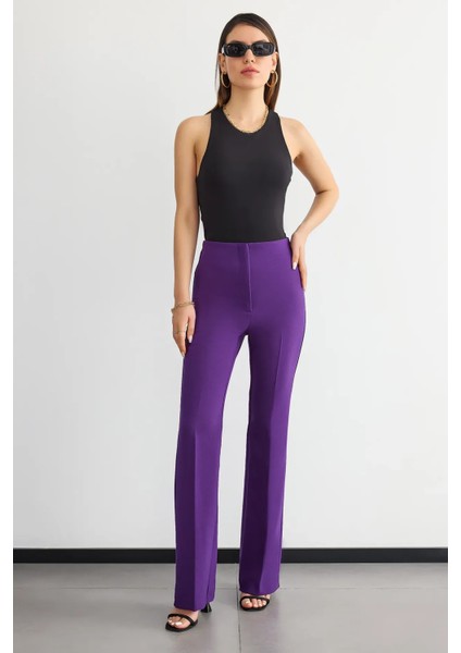 Kadın Yüksek Bel Düz Bacak Pantolon Elektrik Moru