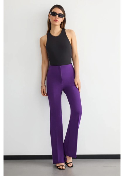 Kadın Yüksek Bel Düz Bacak Pantolon Elektrik Moru
