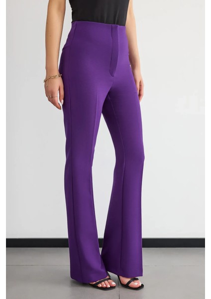 Kadın Yüksek Bel Düz Bacak Pantolon Elektrik Moru