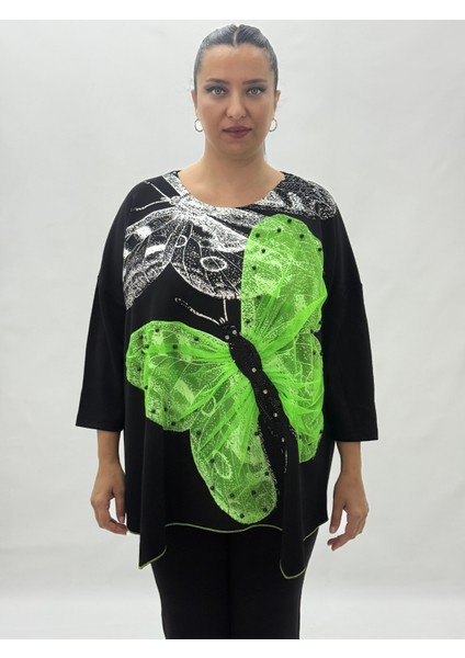 Büyük Beden Viskon Taşlı Boncuk Detaylı Kapri Kol Oversize Kadın Bluz