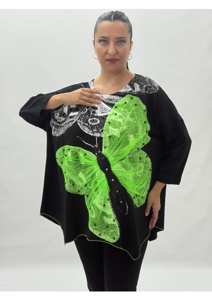 Büyük Beden Viskon Taşlı Boncuk Detaylı Kapri Kol Oversize Kadın Bluz fiyatları