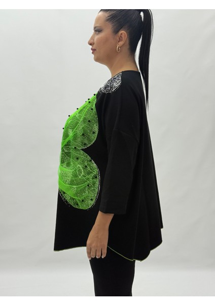 Büyük Beden Viskon Taşlı Boncuk Detaylı Kapri Kol Oversize Kadın Bluz modelleri