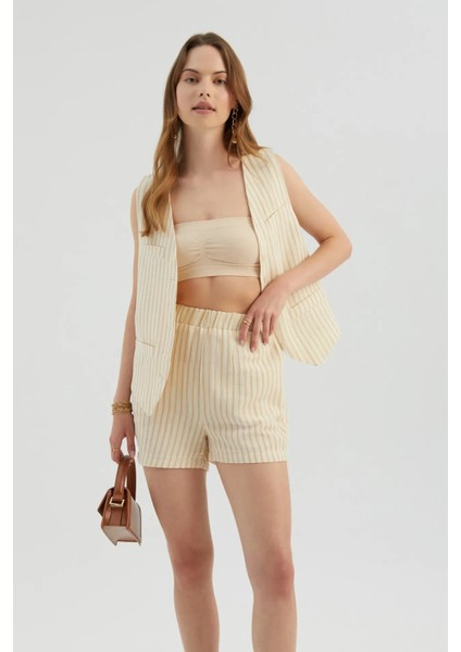 Kadın Şeritli Yüksek Bel Elastik Bel Şort Kahverengi