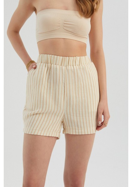 Kadın Şeritli Yüksek Bel Elastik Bel Şort Kahverengi