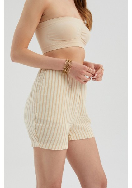 Kadın Şeritli Yüksek Bel Elastik Bel Şort Kahverengi