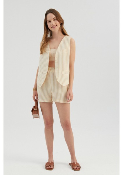 Kadın Şeritli Yüksek Bel Elastik Bel Şort Kahverengi