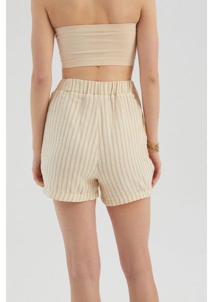 Kadın Şeritli Yüksek Bel Elastik Bel Şort Kahverengi