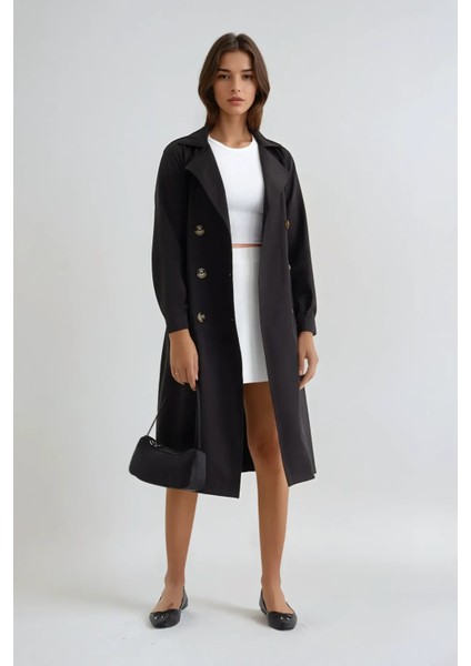 Kadın Kemerli Düğmeli Trençkot Siyah