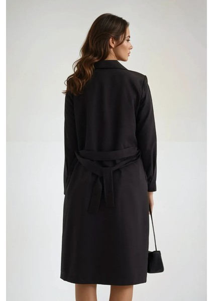 Kadın Kemerli Düğmeli Trençkot Siyah