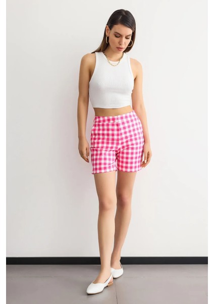 Kadın Kareli Yüksek Bel Elastik Bel Şort Pembe
