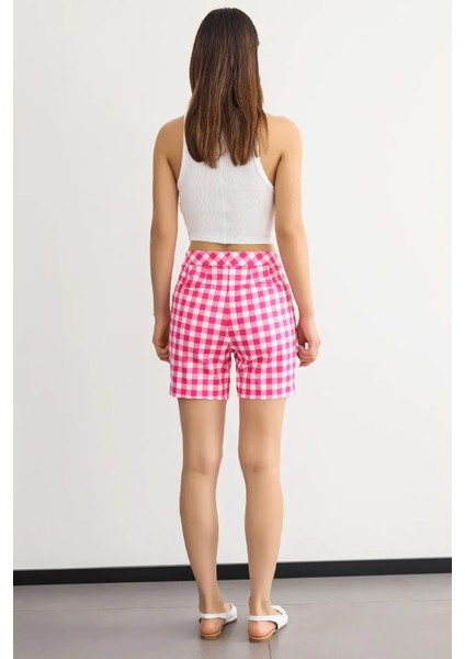 Kadın Kareli Yüksek Bel Elastik Bel Şort Pembe