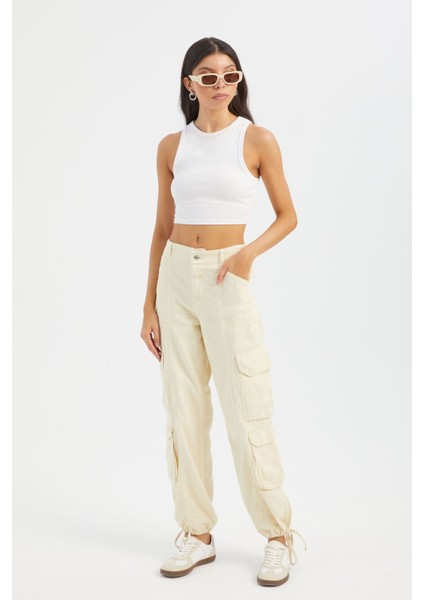 Kadın Orta Bel Fermuarlı Cargo Pantolon Beyaz