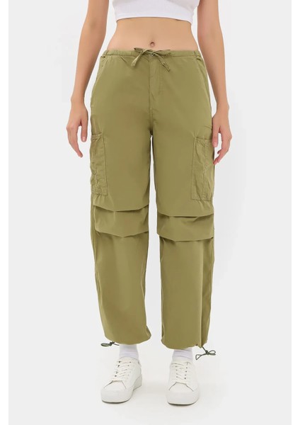 Kadın Orta Bel Fermuarlı Cargo Pantolon Zeytin Yeşili
