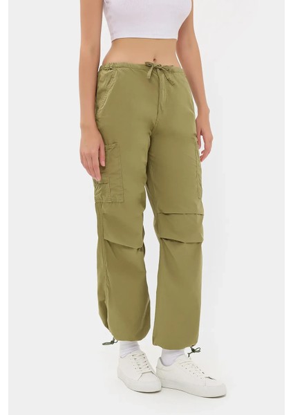 Kadın Orta Bel Fermuarlı Cargo Pantolon Zeytin Yeşili