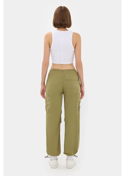 Kadın Orta Bel Fermuarlı Cargo Pantolon Zeytin Yeşili