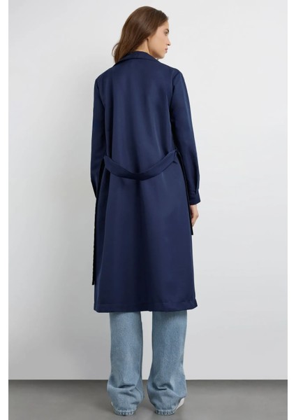 Kadın Kemerli Düğmeli Trençkot Lacivert
