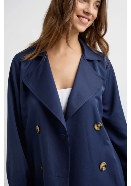 Kadın Kemerli Düğmeli Trençkot Lacivert