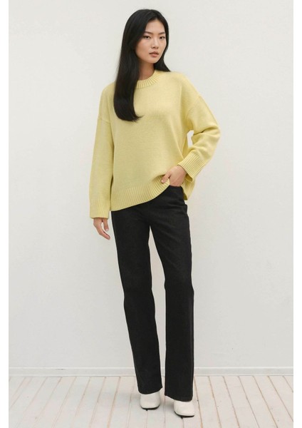 Kadın Bisiklet Yaka Relax Fit Yumuşak Triko Kazak Limon Sarısı