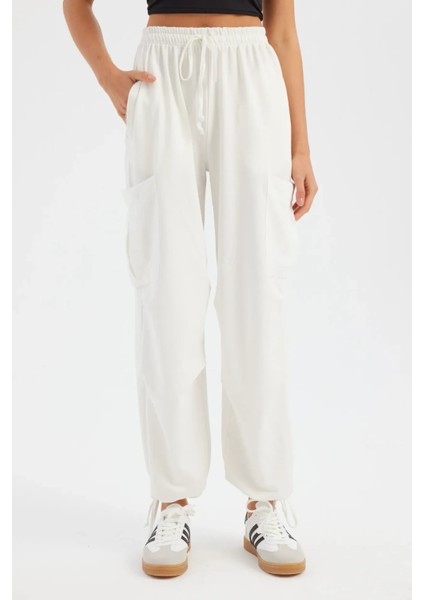Kadın Bağcıklı Yüksek Bel Dokuma Jogger Pantolon Beyaz